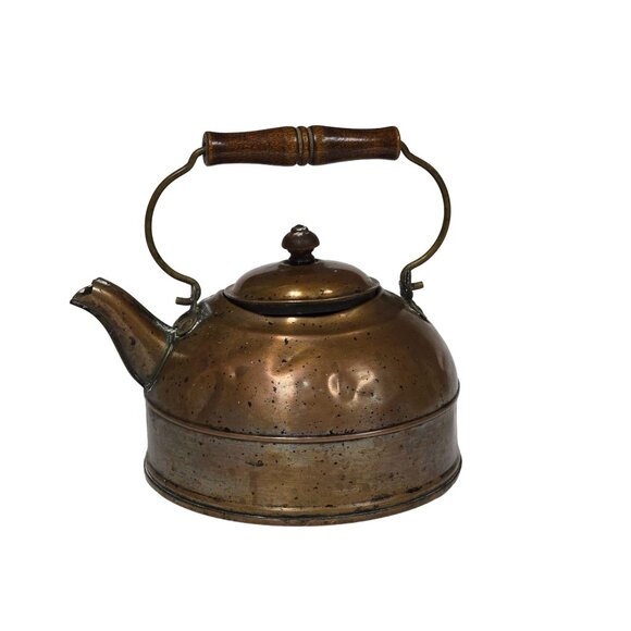 Vintage Copper Hammered Teapot With Wooden Handle Rustic Farmhouse Kitchen Decor - Picture 2 of 12